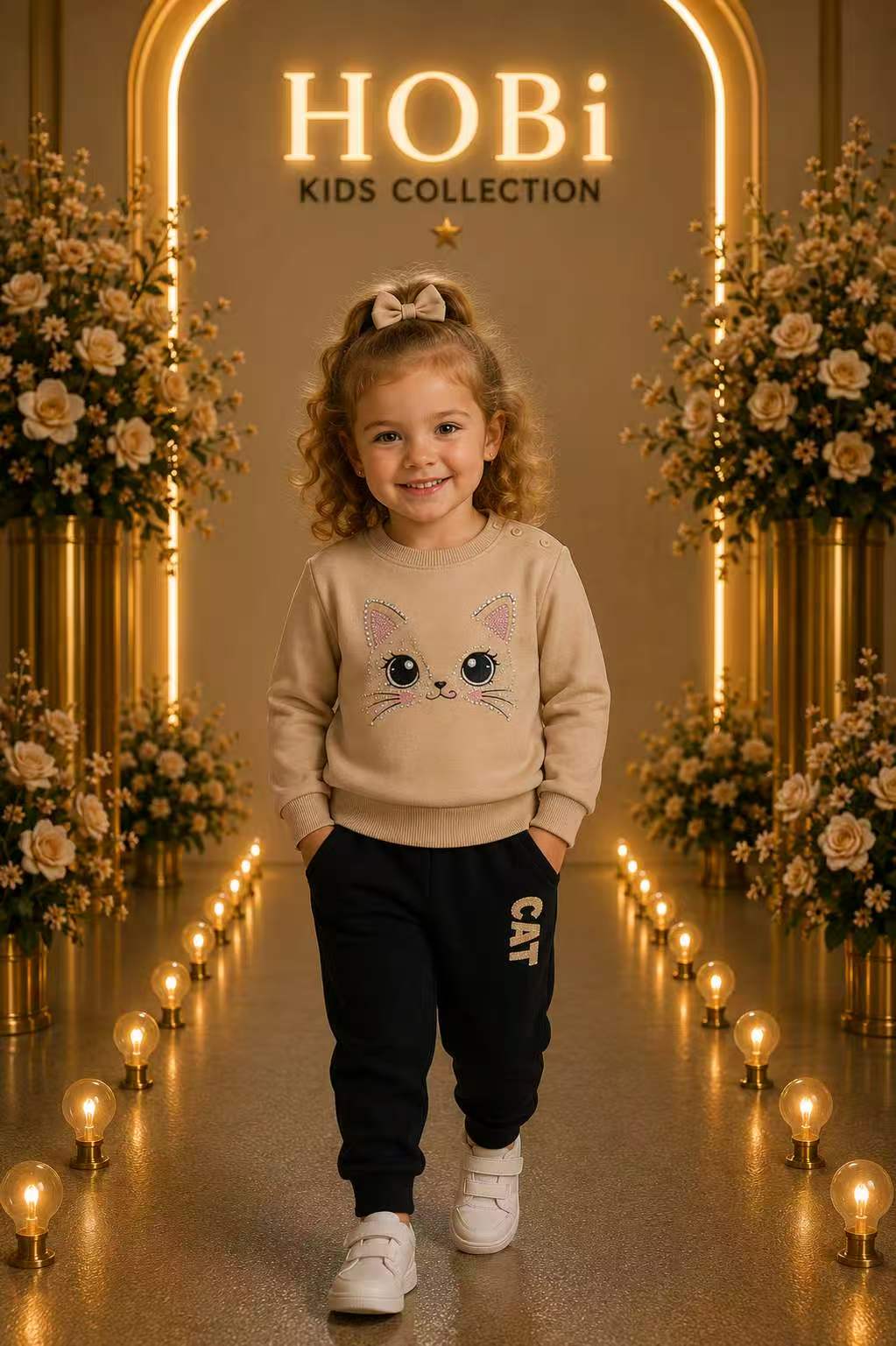 Girls' Beige Cat Graphic Sweatshirt & Jogger Set
