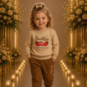 Girls' Beige Cherry Graphic Sweatshirt & Jogger Set