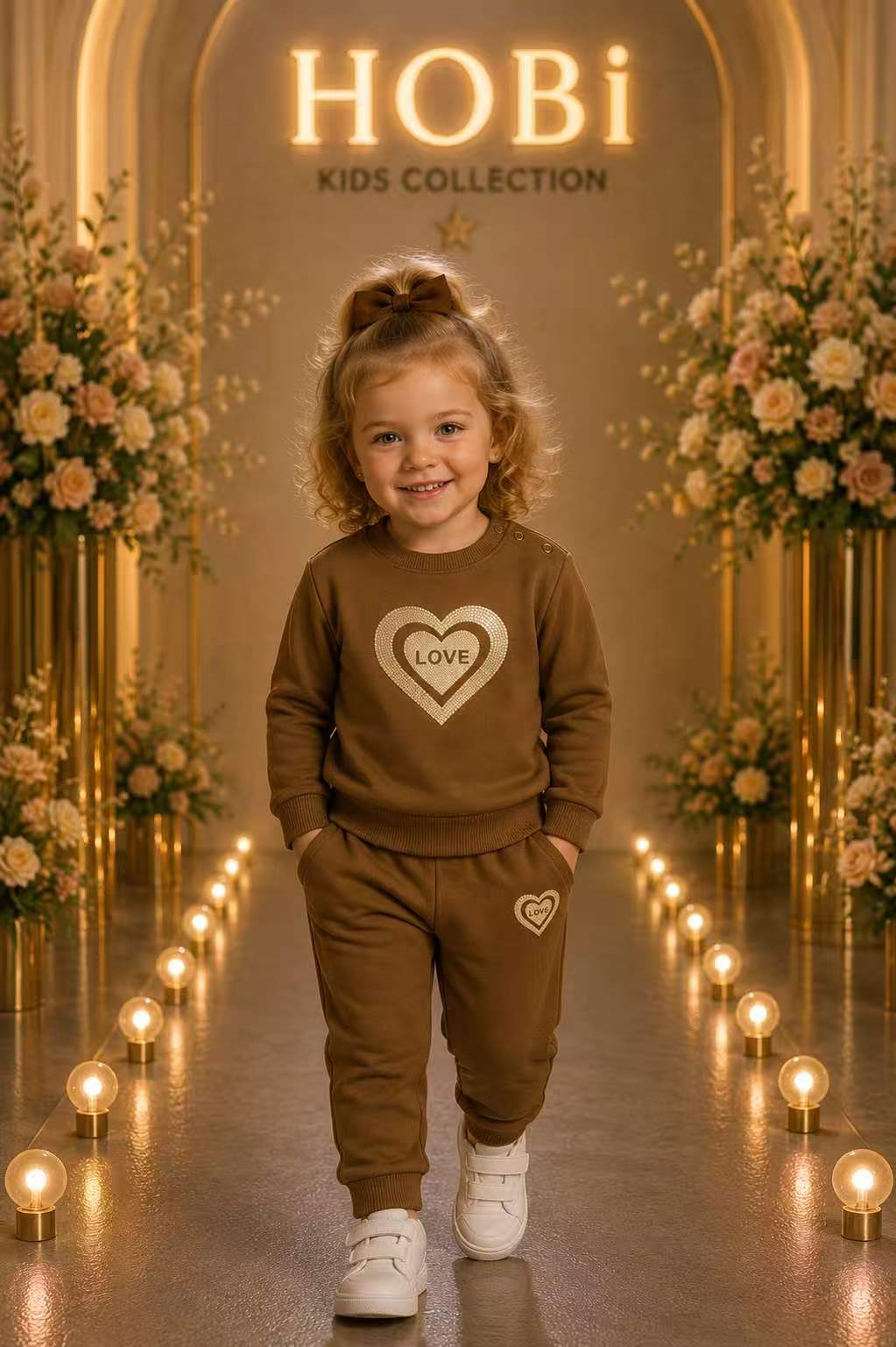 Girls' Brown Heart Outline Sweatshirt & Jogger Set
