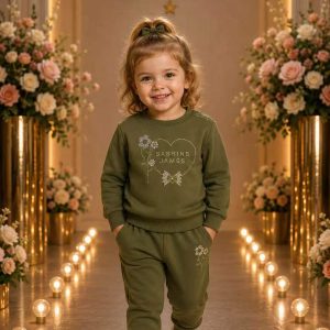 Girls' Olive Minimal Graphic Sweatshirt & Jogger Set