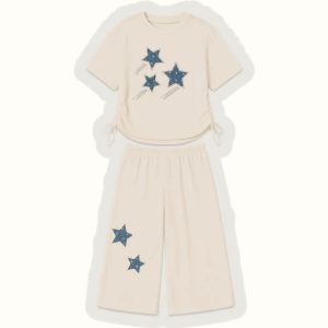 Girls' Cream Ribbed Star Applique Two-Piece Set - 25425
