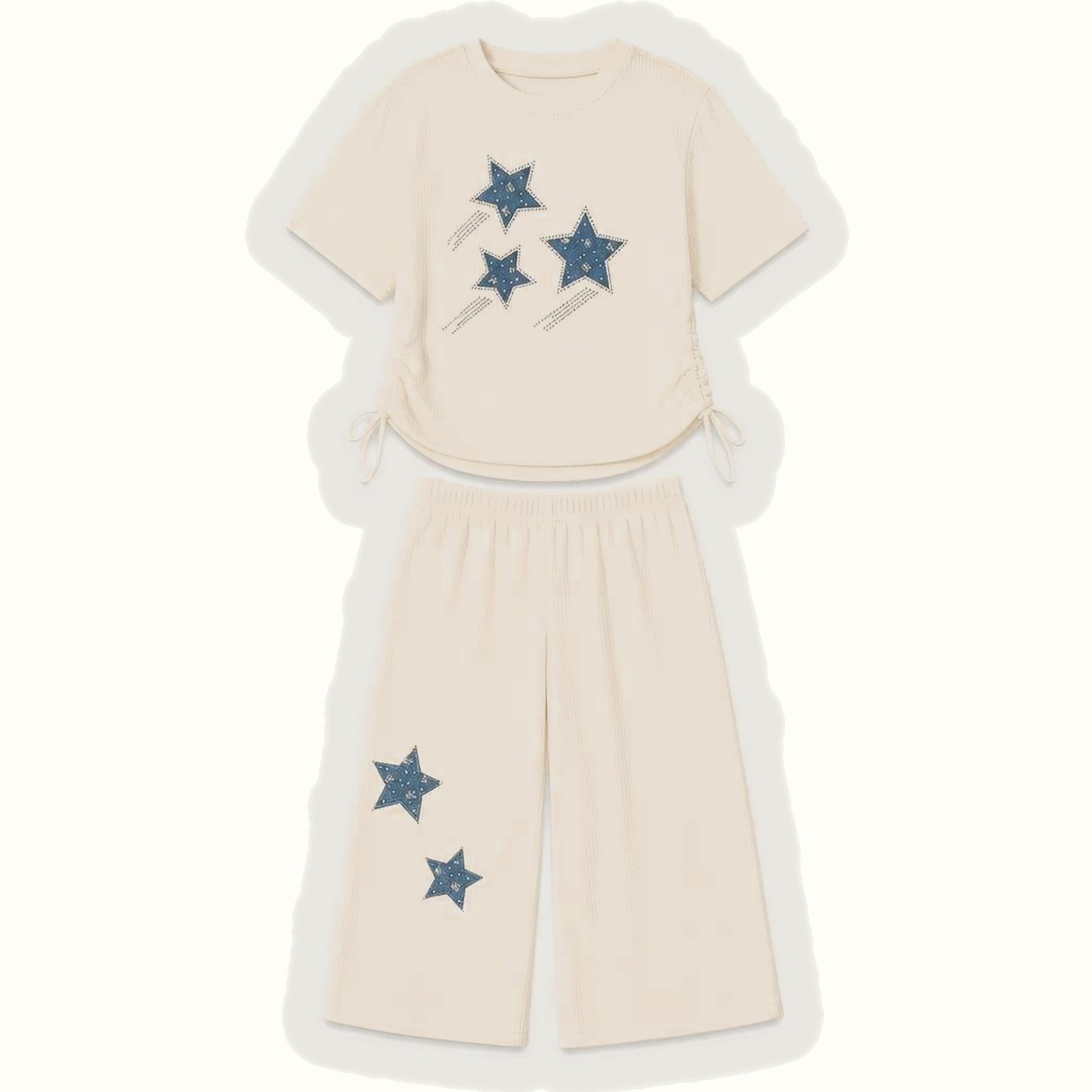 Girls' Cream Ribbed Star Applique Two-Piece Set - 25425
