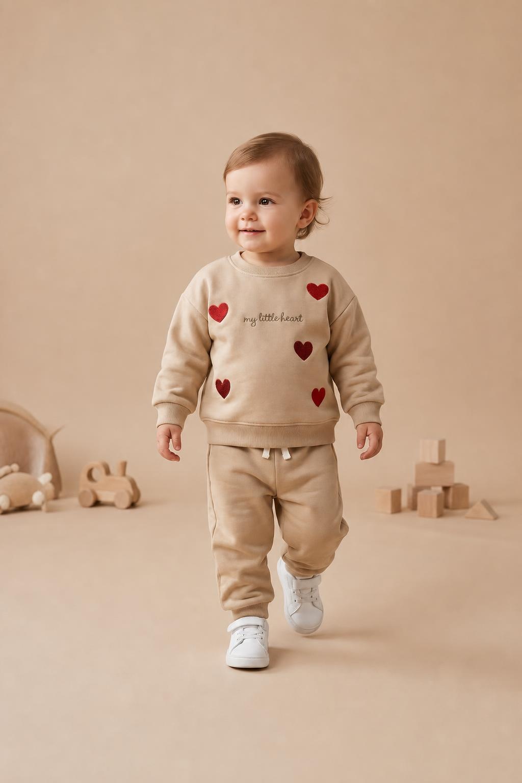 Kids' Beige Heart Graphic Sweatshirt & Jogger Set