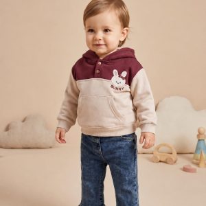 Kids' Beige & Burgundy Bunny Hoodie & Denim-Look Jogger Set