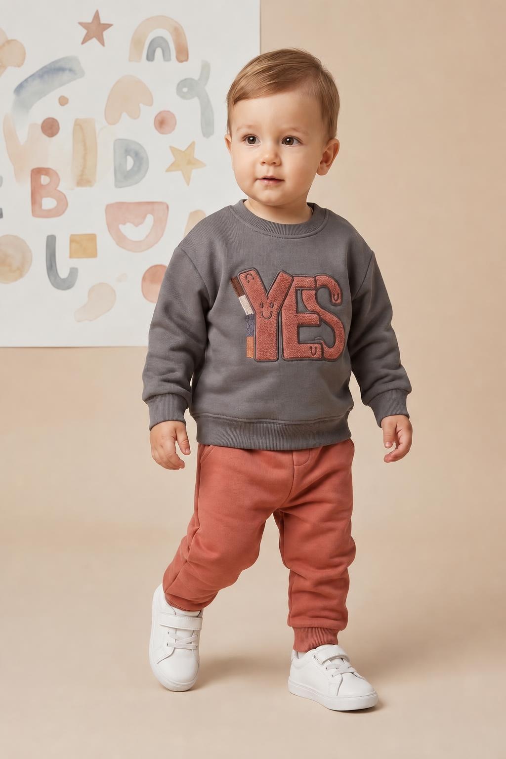 Kids' Charcoal YES Graphic & Rust Jogger Set