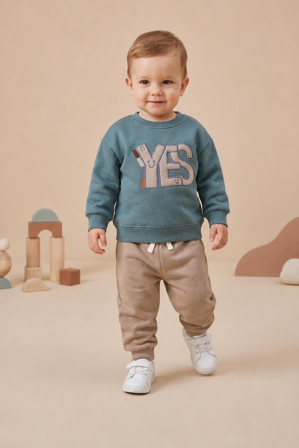 Kids' Teal YES Graphic & Taupe Jogger Set