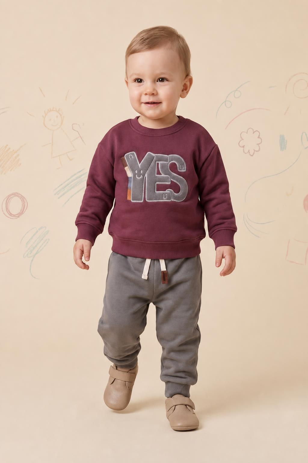 Kids' Burgundy YES Graphic & Grey Jogger Set