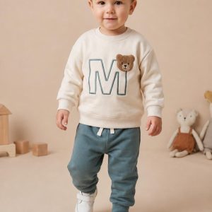 Kids' Cream Bear M Graphic & Teal Jogger Set