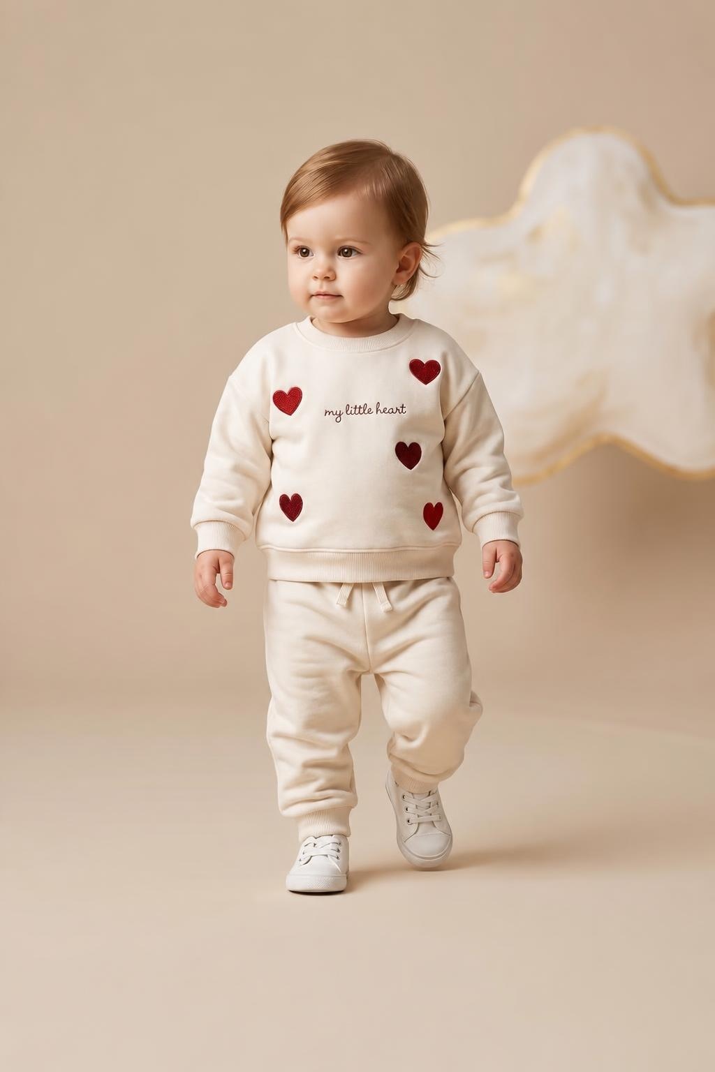 Kids' Cream Heart Graphic Sweatshirt & Jogger Set