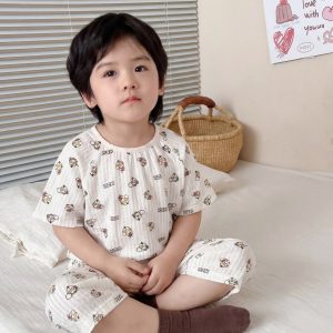 Seersucker short-sleeved mid-pants children's home clothes 100-140