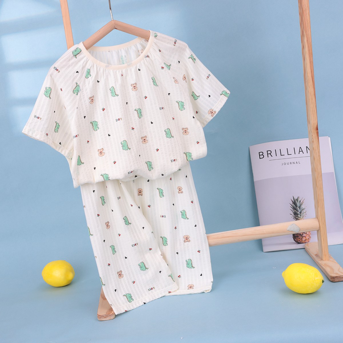 Seersucker short-sleeved mid-pants children's home clothes 100-140