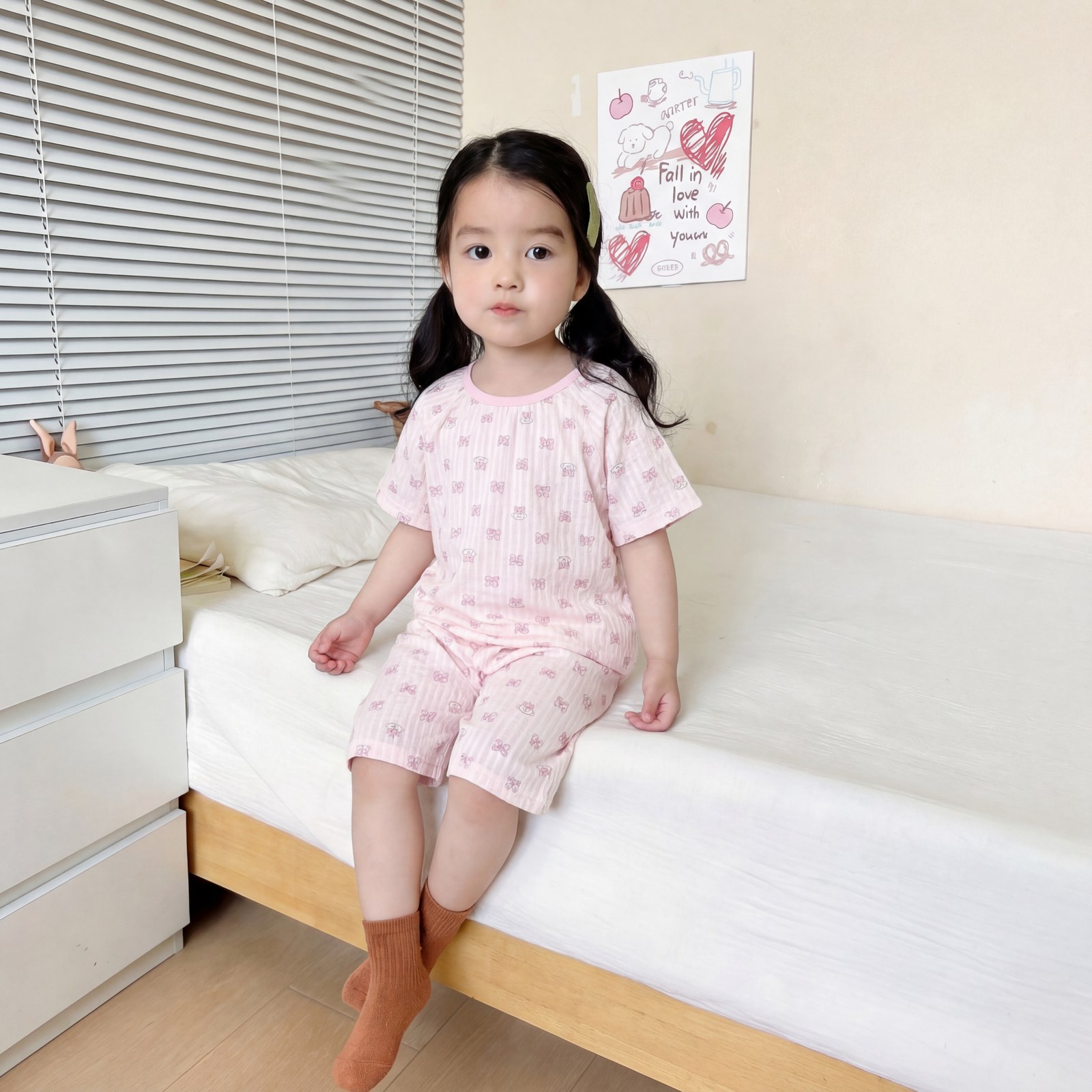 Seersucker short-sleeved mid-pants children's home clothes 100-140