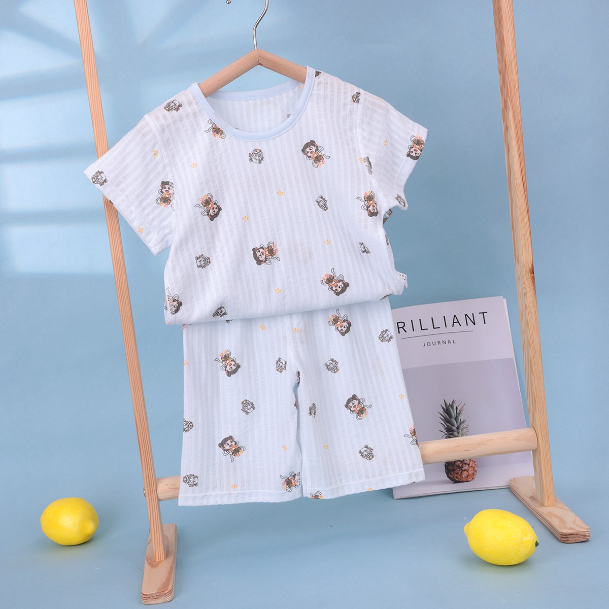 Seersucker short-sleeved mid-pants children's home clothes 100-140